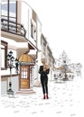 Series of the street cafes with people, men and women, in the old city, vector illustration. Girls drinking coffee.